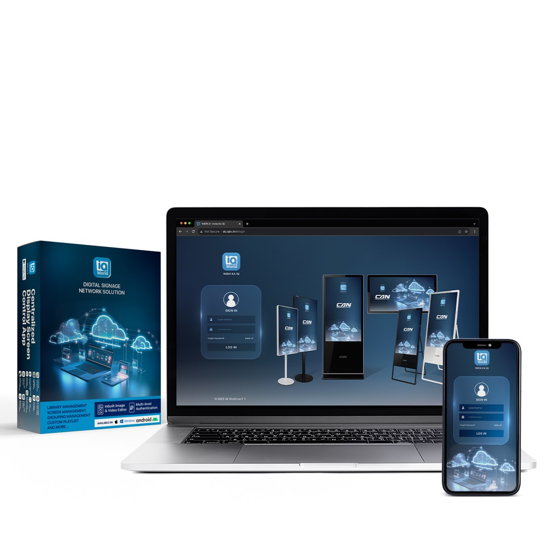 IQ World digital signage software on laptop and mobile